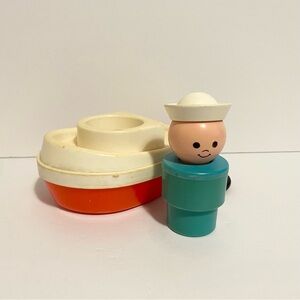 Fisher Price Little People Tug Boat + Sailor Vintage Person Toy Lot 1970s
